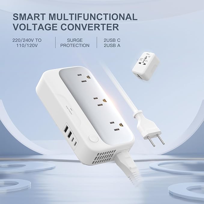 Universal Voltage Converter us to Europe, 220v to 110v Power Travel Converter Combo, 250W Step Down European Adapter 220 to 110 for UK Italy, Transformer European Travel Plug for Curly Hair Stick