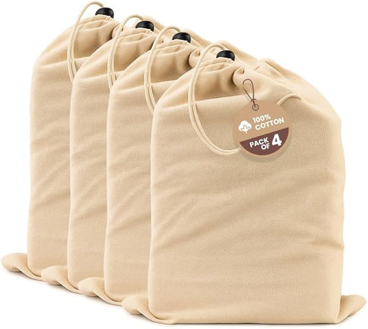 LFH Cotton Shoe Storage Bags with Drawstring, Dustproof Breathable Reusable Organizer, Perfect For Travel, Dorm, Hotel, College, Gym, Easy to Carry, Machine Washable 12"x17" (Pack of 4) - Natural