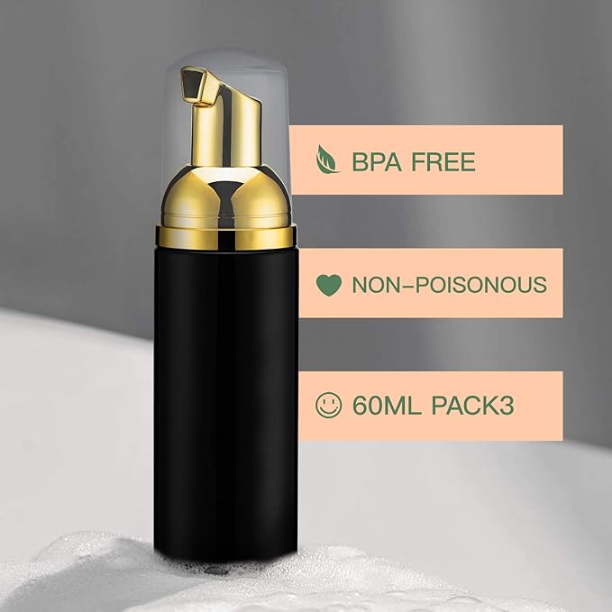 2oz Foam Pump Bottle (3PCS) Empty Travel Foaming Dispenser for Hand Soap, Lash Cleanser, Shampoo (60ml, Gold &Black