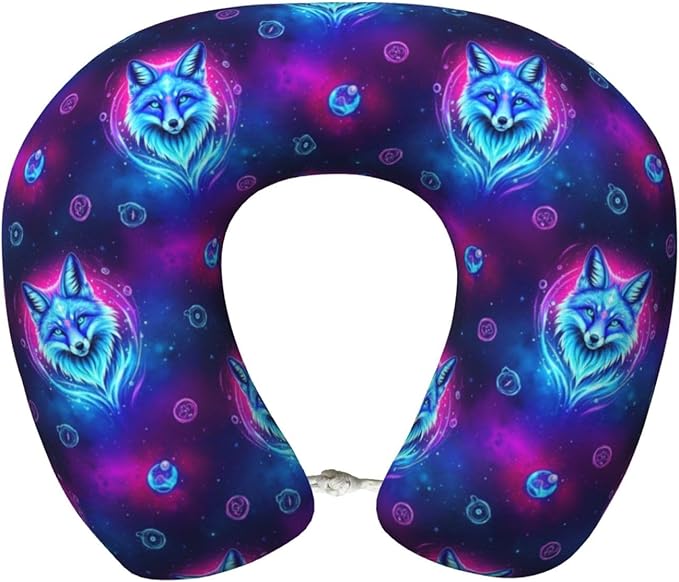 Travel Neck Pillow for Pain Relief Sleeping, Purple Blue Fox Galaxy Starry Sky, Comfortable Memory Foam Chin Head Cushion Support with Zip Cover, Fashion Car Flight Pillows