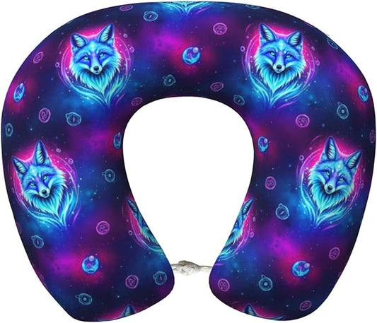 Travel Neck Pillow for Pain Relief Sleeping, Purple Blue Fox Galaxy Starry Sky, Comfortable Memory Foam Chin Head Cushion Support with Zip Cover, Fashion Car Flight Pillows