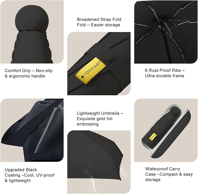 Compact Travel Umbrella - Mini Manual Umbrella for Purse, Windproof & UPF 50+ Sun & Rain Protection, Lightweight Portable Folding with Case for Women, Men，Kids