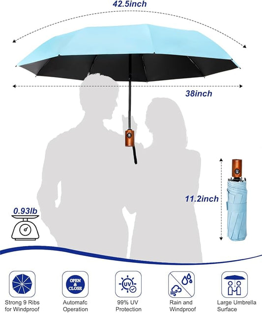 SoulRain Strong Windproof Travel Umbrella with Wooden Handle, Automatic Open Close Compact Folding for Rain & Sun UV Protection, Lightweight Durable Portable for Car, Backpack, Women & Men