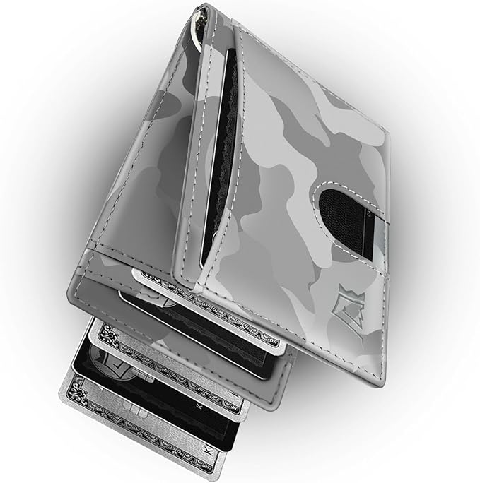 Kings Loot Money Clip Slim Minimalist Wallet for Men – RFID Blocking Leather Design with Money Clip – Front Pocket Bifold Holds 12 Cards – Stylish & Compact Wallets (Camo White/Engraved)