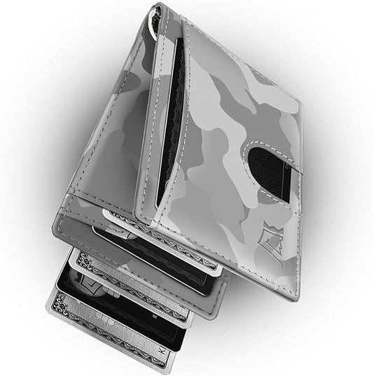 Kings Loot Money Clip Slim Minimalist Wallet for Men – RFID Blocking Leather Design with Money Clip – Front Pocket Bifold Holds 12 Cards – Stylish & Compact Wallets (Camo White/Engraved)