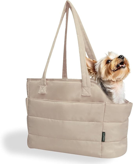 STRAODTIC Lightweight Dog Purse Carrier for Small Dogs Under 15 lbs, Puffy Quilted Pet Carrier Tote for Puppies with Safety Leash Clip, Women's Hands-Free Dog Carrier Bag for Travel/Shopping (Brown)