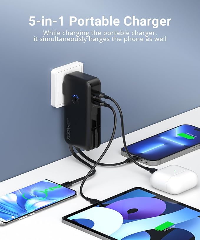 QiSa Portable Charger, Power Bank, 16000mAh Power Bank Built-in AC Wall Plug and Cables, PD 30W and QC4.0 Fast Charger for iPhone and Android Phones and Most Electronic Devices (Black)