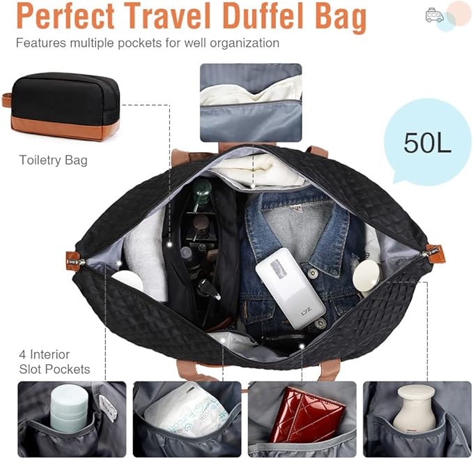 Weekender Bags for Women, Travel Duffle Bag Carry On Travel Bag Overnight Bag with Shoe Compartment Toiletry Bag, Large Weekend Tote Bag Gym Bag Hospital Bag for Labor and Delivery, 50L Quilted Black