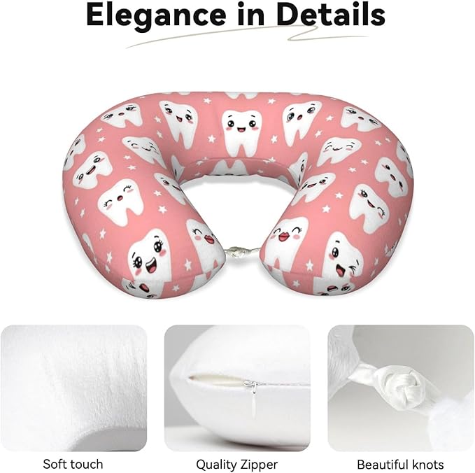 Travel Neck Pillow for Pain Relief Sleeping, Cute Dental Teeth Pink, Comfortable Memory Foam Chin Head Cushion Support with Zip Cover, Fashion Car Flight Pillows