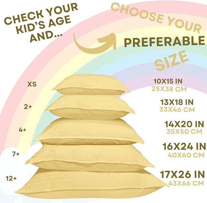kinder Fluff Pre-Teen Pillows (2Pack) 17x26in - Pillows for Kids Age 12+, 100% Cotton Sateen Stripes 300T, Down Alternative Fill, Machine Washable - Children & Travel Cushion - Yellow - XL