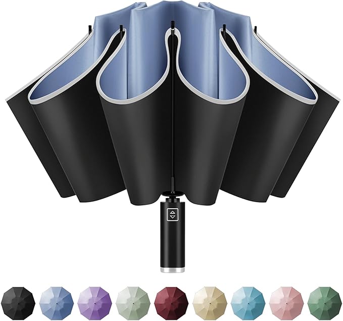 Yoobure Inverted Windproof Travel Umbrella - Automatic Umbrellas for Rain, Compact Folding with Reflective Stripe, Portable Large for Backpack, Lightweight with Sun UV Protection