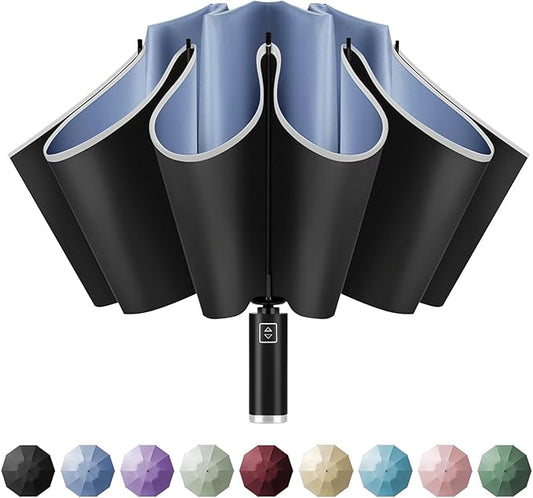Yoobure Inverted Windproof Travel Umbrella - Automatic Umbrellas for Rain, Compact Folding with Reflective Stripe, Portable Large for Backpack, Lightweight with Sun UV Protection