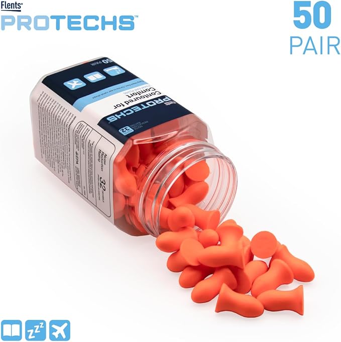 Flents Protechs Foam Ear Plugs, Contoured for Comfort, Ideal for Work with Loud Noise, Heavy Machinery, Construction, Studying & Traveling, NRR 32, Orange, Easy to Use, Made in The USA, 50 Pair
