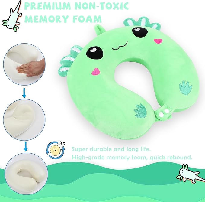 Travel Pillow, Kids Travel Pillow with Sleep Eye Mask Soft Memory Foam Kids Neck Pillow for Boys & Girls, Travel Accessories for Car Airplane Traveling - Green Axolotl