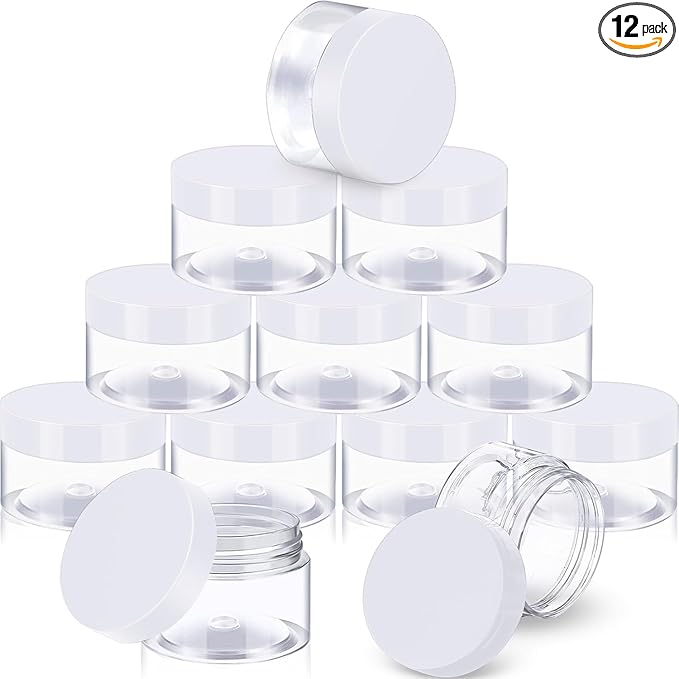 SATINIOR 12 Pack 4 oz Plastic Container Jars with Lids Round Clear Travel Cosmetic Container Jars for Toiletries, Lotion, Cream, Ointment, Makeup, Rhinestone, Sample, Kitchen Storage(White)