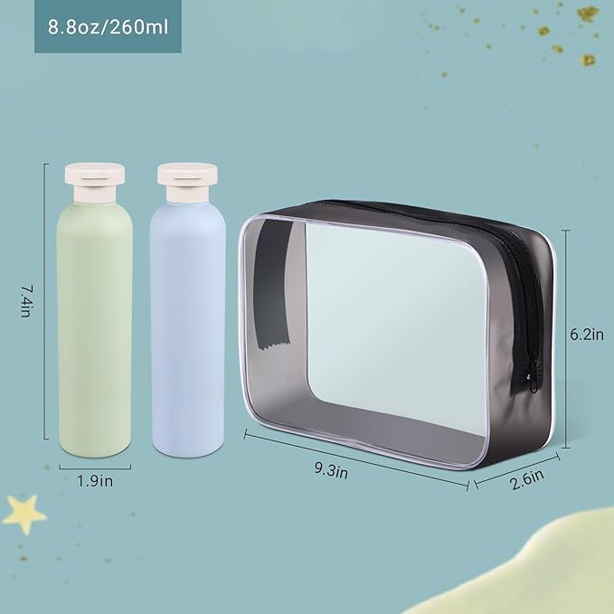 ASEVAT 8.8 oz Leak Proof Travel Bottle with Flip Cap, Shampoo and Conditioner Bottle Set, Refillable Containers for Lotion, Cream Shampoo(4Pcs)