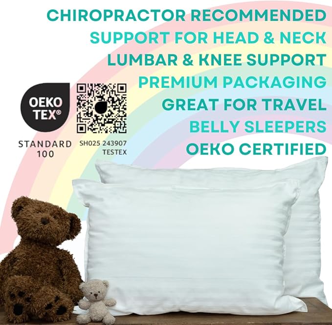 kinder Fluff Toddler Pillows (2pk) 13x18in- The only Pillow for Kids 300T Cotton Shell & Down Alternative Fill - Machine Washable, Ideal Cushion for Kids Above 2 Years - White- S