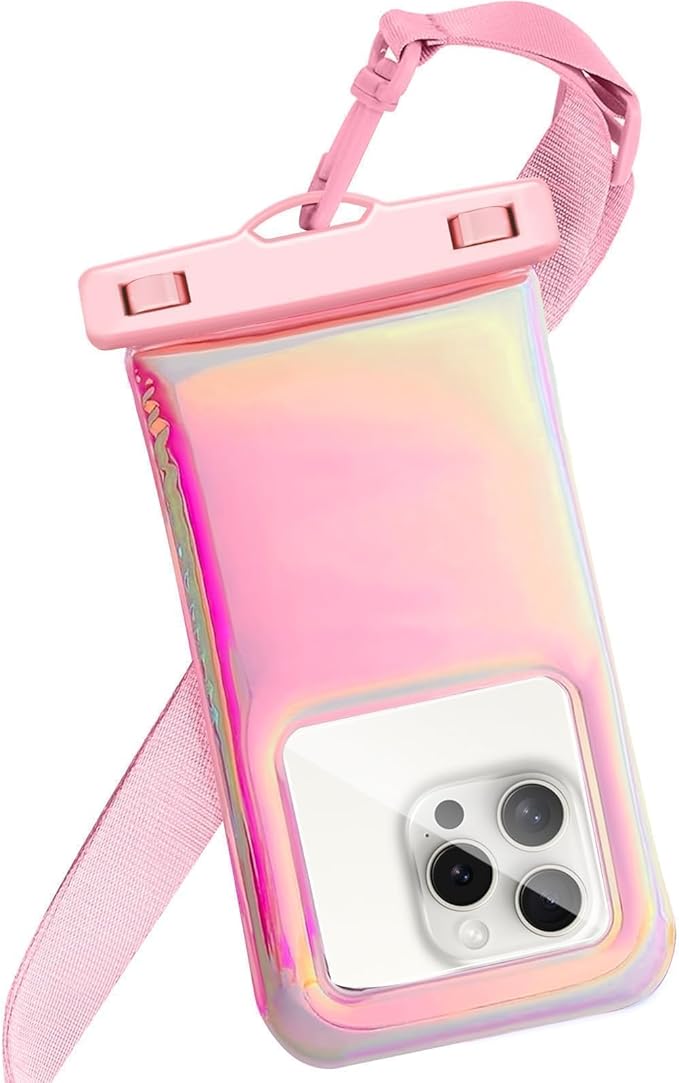 Floatable Waterproof Phone Pouch Case for iPhone 17 16 Pro Max/15/14/13/12, IP68 Travel Cellphone Dry Bag, Beach Cruise Ship Essentials Bags with Crossbody Lanyard,Iridescent Pink(1 Pack)