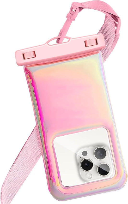 Floatable Waterproof Phone Pouch Case for iPhone 17 16 Pro Max/15/14/13/12, IP68 Travel Cellphone Dry Bag, Beach Cruise Ship Essentials Bags with Crossbody Lanyard,Iridescent Pink(1 Pack)