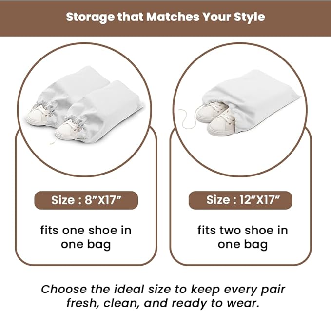 LFH Cotton Rich Shoe Storage Bags with Drawstring, Dustproof Breathable Reusable Organizer, Perfect For Travel, Dorm, Hotel, College, Gym, Easy to Carry, Machine Washable 12"x17" (Pack of 6) - White