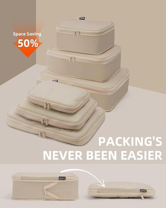 6 Set Compression Packing Cubes for Travel, Large Medium Small Luggage Organizers, Storage Bags for Clothes (6 Pack, Classic Khaki)
