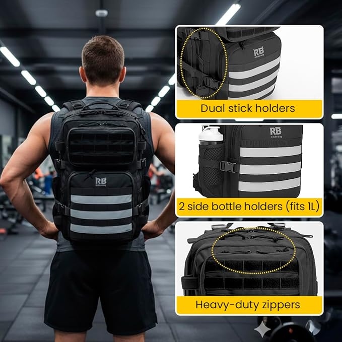Xtreme 30L Tactical Backpack – Carry On Travel and Gym Daypack with 16 inch Laptop Sleeve, Stick Holder, Double Bottle Pockets, Recycled Fabric Shell, Rain Cover (Black)