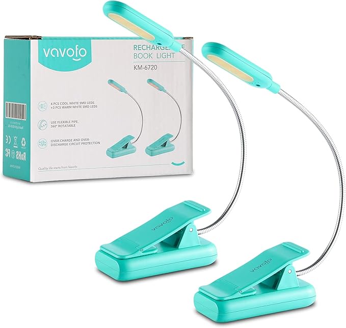 VAVOFO Clip On Rechargeable Reading Light, 7 LEDs with 3 Colortemperature 9 Brightness Levels Book Lights for Reading in Bed with Power Indicator for Bookworms (Blue 2-Pack)