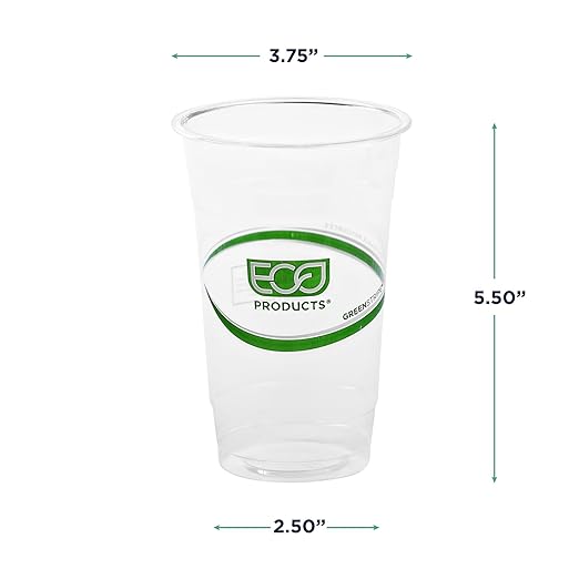ECO PRODUCTS GreenStripe Clear Compostable 20oz PLA Large Plastic Cups, Case of 1000, Disposable Renewable Plant-Based Cold Cups, For Cold Drinks & Snacks, BPI Certified, ASTM Compliant.