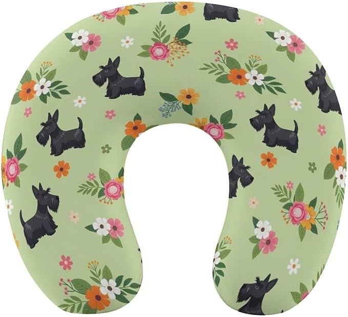 Luxury Memory Foam U-Shaped Neck Pillow Travel Support, Black Scottie Dog U-Shape, Removable Breathable Cover Home Office