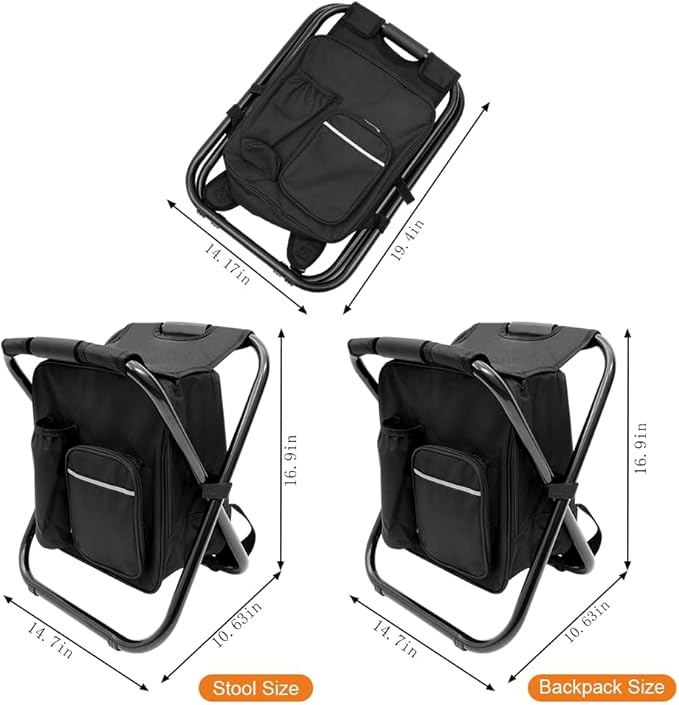 Portable Folding Camping Stool, Backpack with Cooler Bag, Hiking Seat, Outdoor Fishing Hunting Gifts, Black