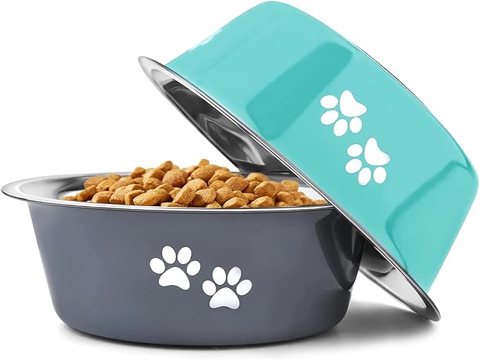 Stainless Steel Dog Bowls 2 Pack Large Extra Large Dogs Feeding Food Water Bowl with Non-Slip Silicone Sole, Dog Dishes Elevated Raised Pet Feeder(Green+Grey, XL(8.5 Cups)