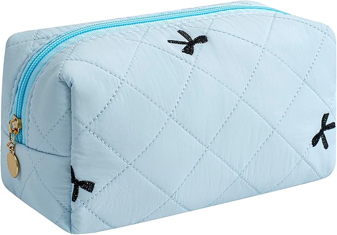 Makeup Bag Travel Cosmetic Bag for Women Girls, Zipper Make Up Pouch, Floral Flowers Toiletry Organizer Makeup, Portable Storage Cosmetic Travel Cloth Bag (Sky Blue)