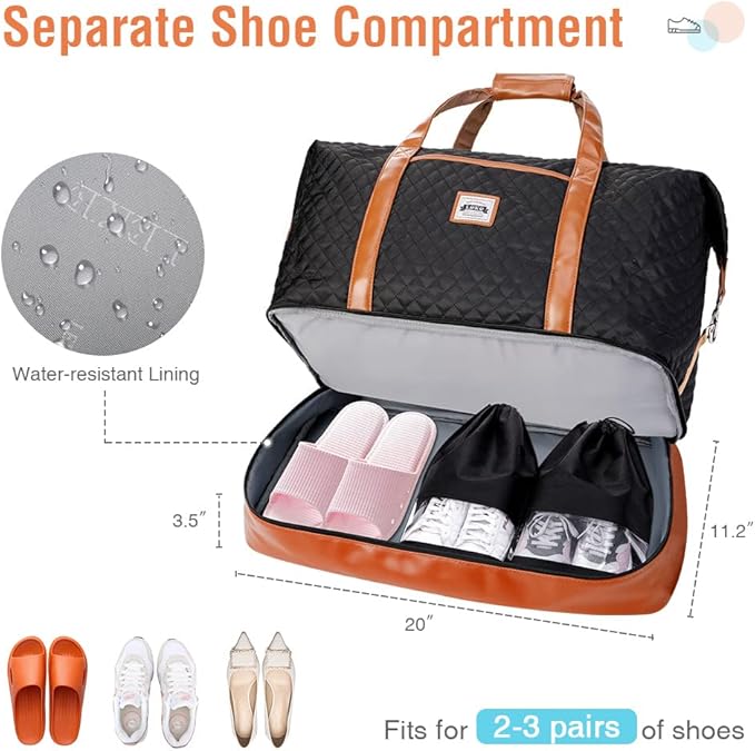 Weekender Bags for Women, Travel Duffle Bag Carry On Travel Bag Overnight Bag with Shoe Compartment Toiletry Bag, Large Weekend Tote Bag Gym Bag Hospital Bag for Labor and Delivery, 50L Quilted Black