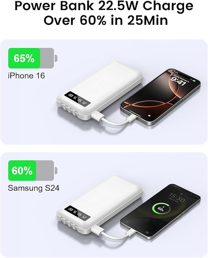Portable Charger Power Bank with 4 Built in Cables,38800mAh 22.5W External Battery Pack, USB C Fast Charging, Travel Phone Charger for iPhone 17/16/15 Samsung Android iPad(White,38800mAh)