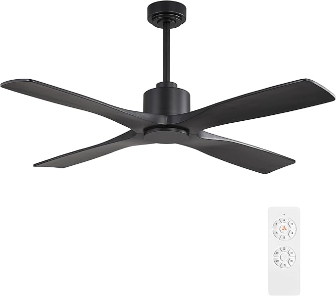 WINGBO 48" DC Ceiling Fan without Lights, 4 Carved Solid Wood Blades, 6-Speed Noiseless Reversible DC Motor, Modern Ceiling Fan No Light with Remote, Matte Black Finish with Black Blades, ETL Listed