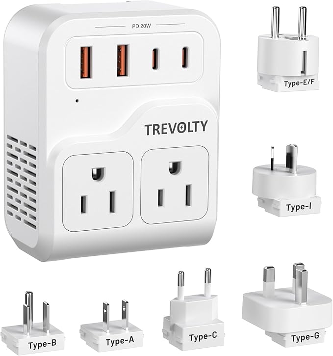 7-in-1 European Travel Plug Adapter, 2000W Universal Travel Adapter with 3 AC Sockets, 2 USB-A & 2 USB-C (PD 20W) Ports, Worldwide Travel Essentials, International Power Adapter for UK/EU/AU
