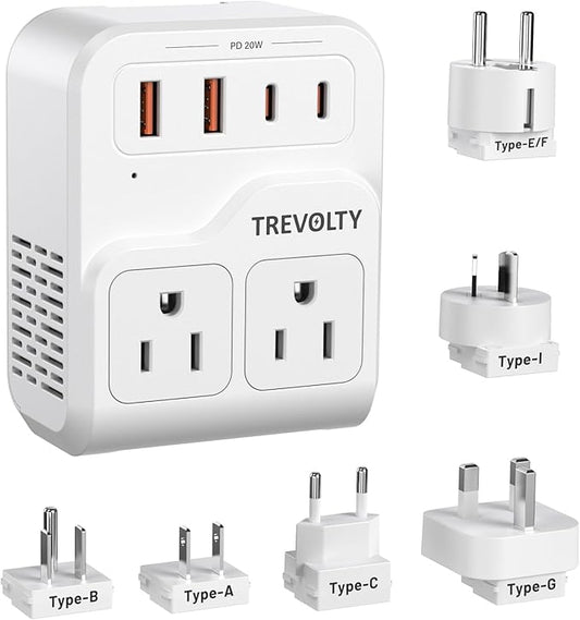 7-in-1 European Travel Plug Adapter, 2000W Universal Travel Adapter with 3 AC Sockets, 2 USB-A & 2 USB-C (PD 20W) Ports, Worldwide Travel Essentials, International Power Adapter for UK/EU/AU