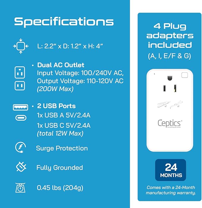 Ceptics 200W Step Down Voltage Converter - 220v to 110v Voltage Converter for Curling Iron, Straightener, Charger – USB-A & C Fast Charging – Type C Power Cord with A, G, I, E/F Plugs Included