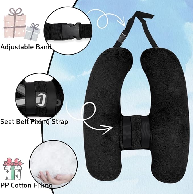 Soft Plush Car Pillow Travel Pillow for Kids with Neck Support Headrest, H-Shape Car Pillows for Kids Sleeping on Long Road Trips, Adults Child Car Seat Pillow, Body Support Travel Accessories, Black