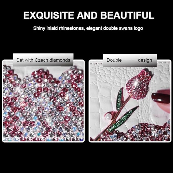 Bling Sparkle Rhinestone Flower Leather Credit Card Holder,10 Slots BlankDriver's License Holder for Women and Men, Multi-Functional Card Organizer for Documents, ID Cards, License (White)