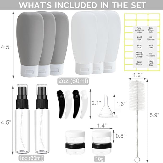 20 Pack Travel Bottles Set - TSA Approved Leak Proof Containers Kit for Toiletries - Portable Refillable Accessories for Shampoo, Conditioner, Lotion, Liquids (Black & White)