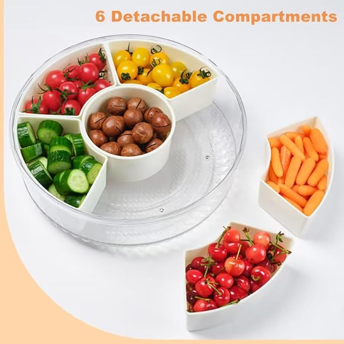 Rotating Divided Serving Tray with Lid and Handle,6 Compartments Snackle Box Container,12" Large Snack Spinner Lazy Susan,Snack Box Organizer Veggie Tray Fruit Platter Charcuterie Container Platterbox