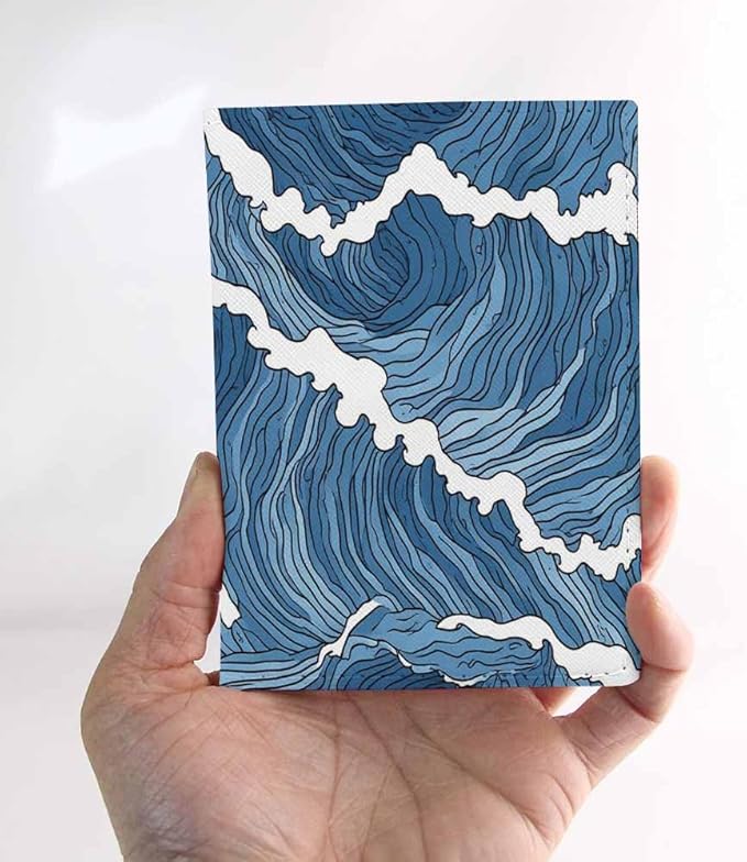 Wave Passport Holder for Travel Japanese Abstract Blue White Surf PU Leather Passport Cover Wallet Cute Passport Card Holder for Women and Men