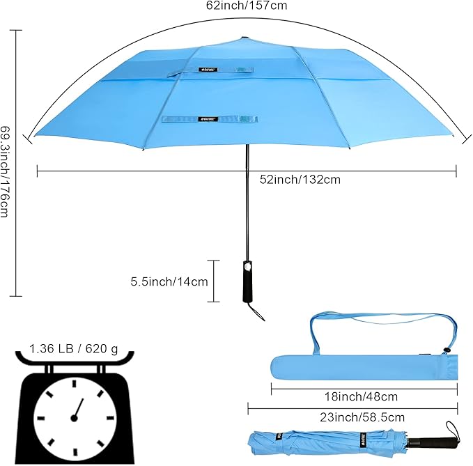 G4Free 62inch Portable Golf Umbrella Automatic Open Large Oversize Vented Double Canopy Windproof Waterproof Sport Umbrellas(Sky Blue)