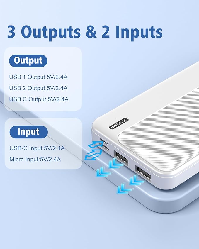 5V 2A Battery Pack Power Bank for Heated Vest, Heated Jackets, Heated Pants, 10000mAh Pocket Size Portable Charger for Heated Clothing, USB Heated Blankets, Heated Coats. (White)