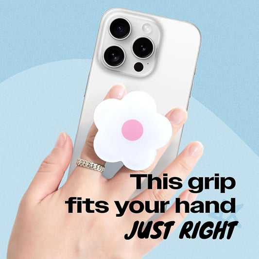 OnTheGrip Cute Solid Color Daisy Flower Design Collapsible Mobile Phone Grip Stand Holder for Smartphone Tablet Cell Phone Accessory (White Pink)
