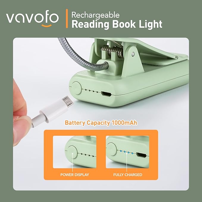 VAVOFO Rechargeable Book Light for Reading in Bed Kids, 7 LED Reading Light with 9-Level Warm Cool White Daylight, Eye Care Lamp with Power Indicator for Bookworms (Avocado Green)