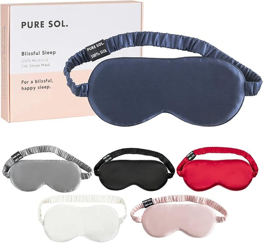 Pure SOL. Silk Sleep Mask - 100% Mulberry Silk Eye Mask - Eye Mask for Sleeping & Blindfold for Power nap During Travel (Navy)