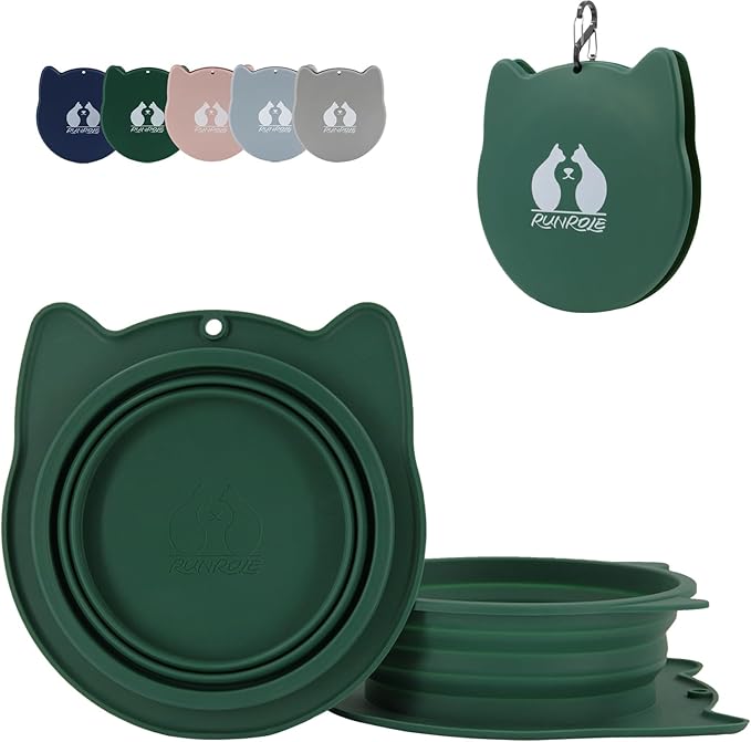 RUNROLE 2-in-1 Collapsible Silicone Dog Travel Bowls, Slot Together and Use Separately, Portable Pet Food Water Bowls, Foldable Cat Feeding Watering Dishes, 20OZ+27OZ(Forest Green)