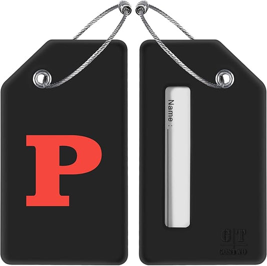 Gostwo 2 Pack Silicone Luggage Tags for Suitcases, 26 Initial Letter Baggage Labels Handbag School Bag Suitcase Instrument Tag with Stainless Steel Loop(Black & White) (Letter P)